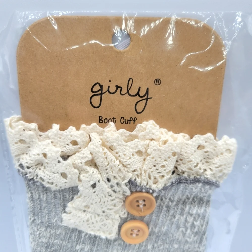 Girly Knit Lace Trim Boot Topper Boot Cuff Gray
